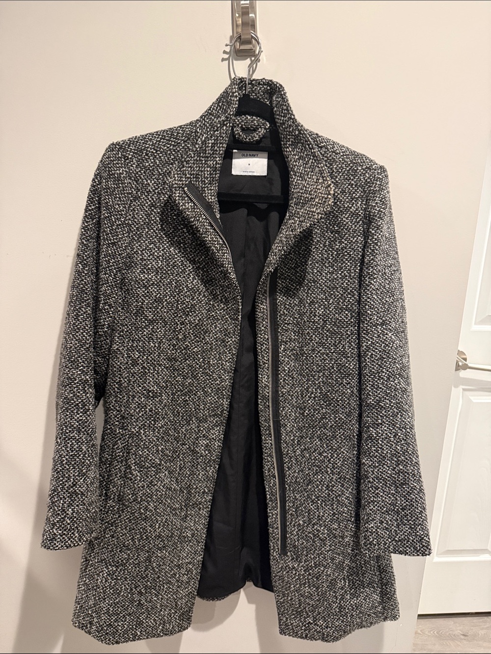 Old Navy Black & White Tweed Zip-Front Pea Coat